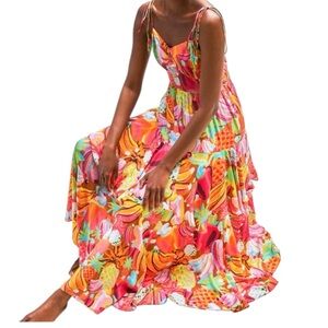 Farm Rio Tropical Fruit Print Tiered Maxi Dress Beaded Tie Straps Size S